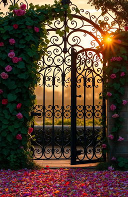 An enchanting scene of a gothic heart-shaped gate made of wrought iron, entwined with lush green vines and vibrant flowers