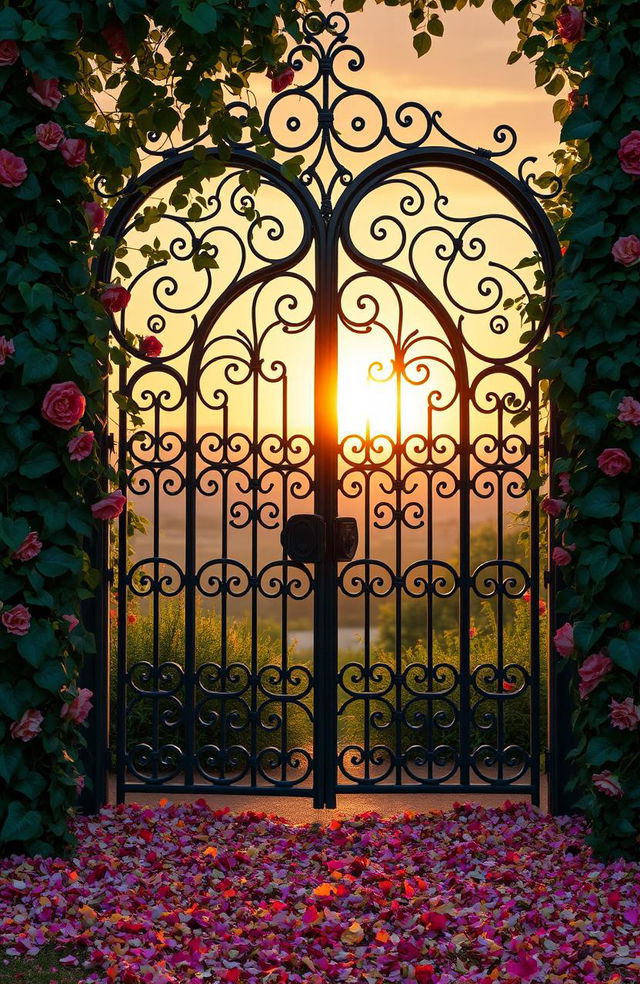 An enchanting scene of a gothic heart-shaped gate made of wrought iron, entwined with lush green vines and vibrant flowers