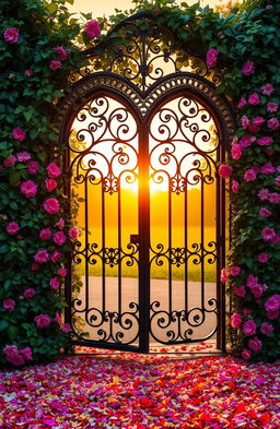 An enchanting scene of a gothic heart-shaped gate made of wrought iron, entwined with lush green vines and vibrant flowers