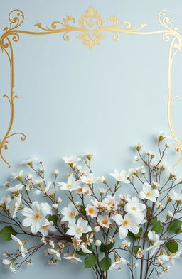 A stunning arrangement featuring a soft baby blue background adorned with intricate gold lining