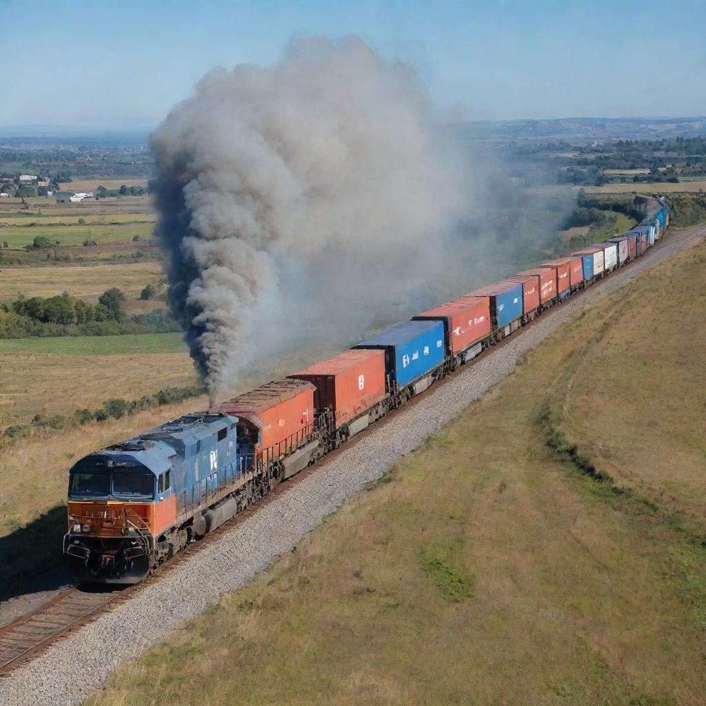 A heavy-duty freight train coming around a bend, full of shipping containers. The smoke billows from the engine into a clear blue sky, as the train winds through the sweeping countryside