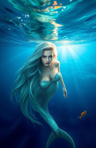 A mesmerizing siren emerging from the deep blue sea, her long flowing hair cascading like waves illuminated by the sunlight