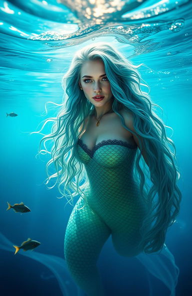 A mesmerizing siren emerging from the deep blue sea, her long flowing hair cascading like waves illuminated by the sunlight