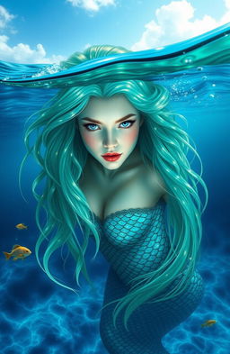 A mesmerizing siren emerging from the deep blue sea, her long flowing hair cascading like waves illuminated by the sunlight