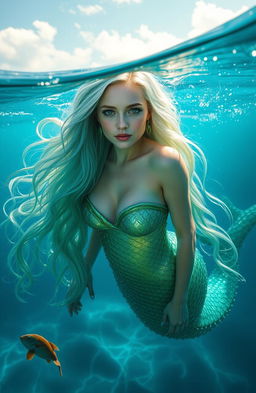A mesmerizing siren emerging from the deep blue sea, her long flowing hair cascading like waves illuminated by the sunlight