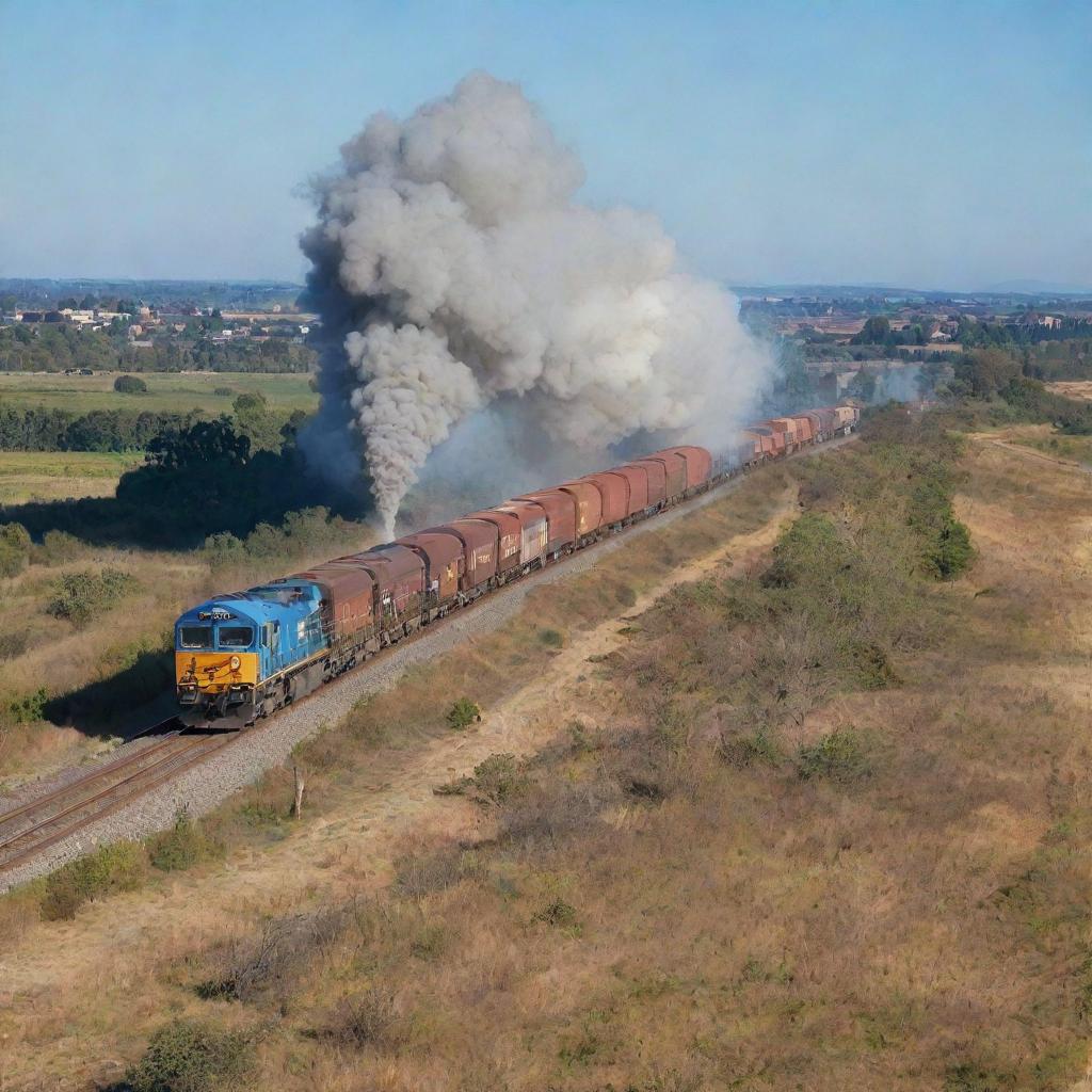 A heavy-duty freight train coming around a bend, full of shipping containers. The smoke billows from the engine into a clear blue sky, as the train winds through the sweeping countryside