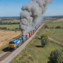 A heavy-duty freight train coming around a bend, full of shipping containers. The smoke billows from the engine into a clear blue sky, as the train winds through the sweeping countryside