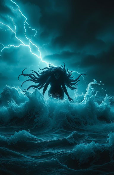 A dark, monstrous siren emerging dramatically from a stormy sea, her silhouette framed by turbulent waves crashing around her