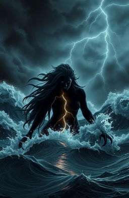 A dark, monstrous siren emerging dramatically from a stormy sea, her silhouette framed by turbulent waves crashing around her