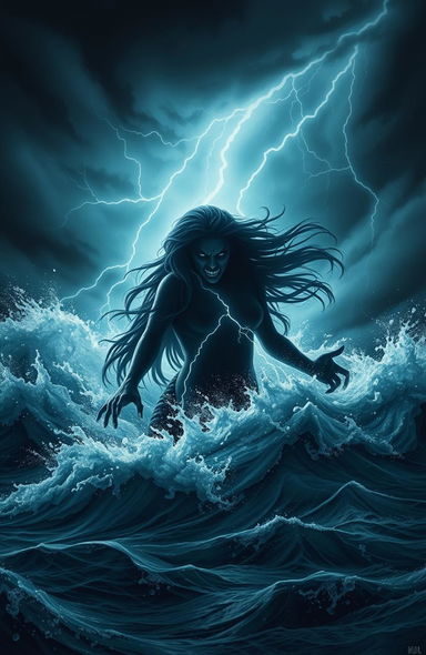 A dark, monstrous siren emerging dramatically from a stormy sea, her silhouette framed by turbulent waves crashing around her