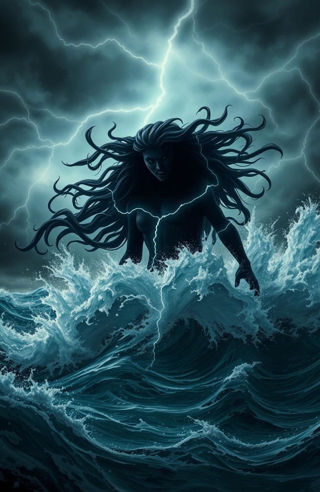 A dark, monstrous siren emerging dramatically from a stormy sea, her silhouette framed by turbulent waves crashing around her