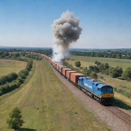 A heavy-duty freight train coming around a bend, full of shipping containers. The smoke billows from the engine into a clear blue sky, as the train winds through the sweeping countryside