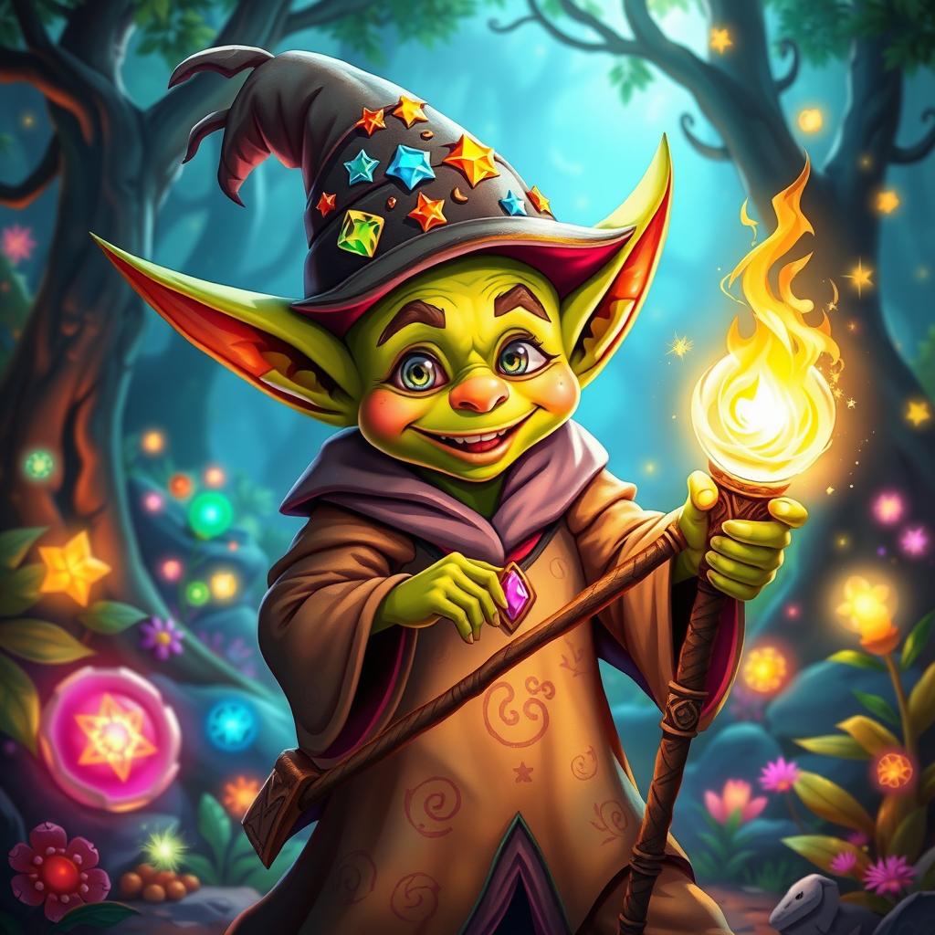 A bright and whimsical goblin mage, radiating light and magic