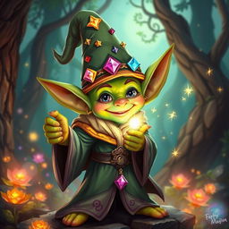 A bright and whimsical goblin mage, radiating light and magic