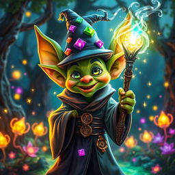 A bright and whimsical goblin mage, radiating light and magic