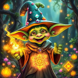 A bright and whimsical goblin mage, radiating light and magic