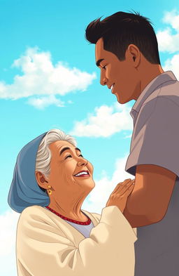 A serene and emotional scene depicting a man named Biru, deeply caring for his mother, set against a beautiful blue sky