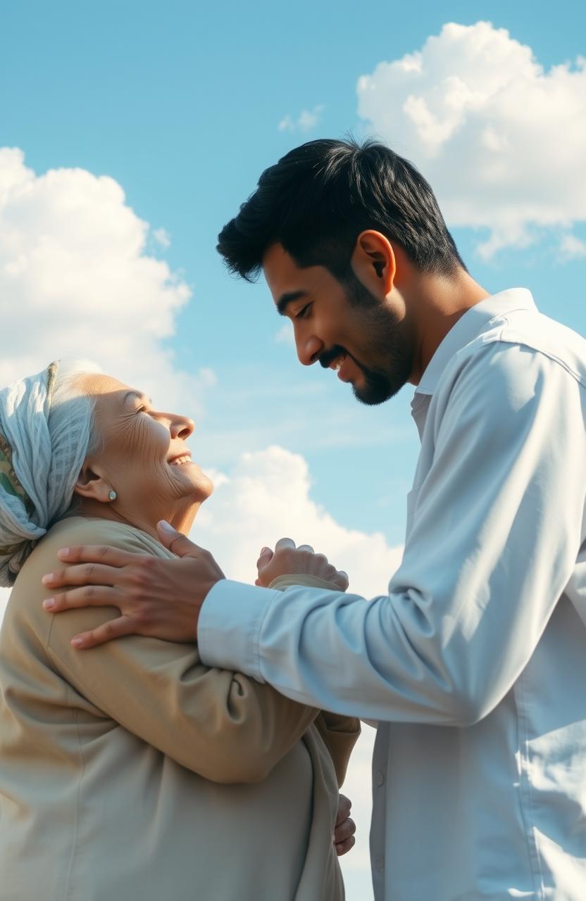 A serene and emotional scene depicting a man named Biru, deeply caring for his mother, set against a beautiful blue sky