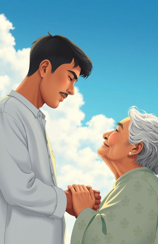 A serene and emotional scene depicting a man named Biru, deeply caring for his mother, set against a beautiful blue sky