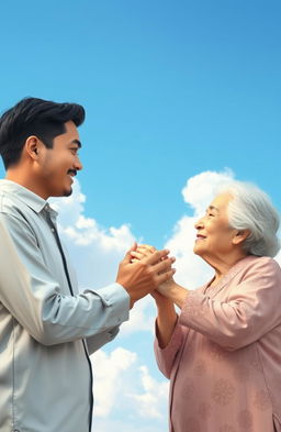 A serene and emotional scene depicting a man named Biru, deeply caring for his mother, set against a beautiful blue sky