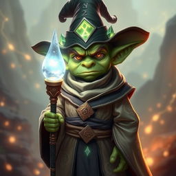 A serious goblin light mage, portraying an aura of wisdom and power