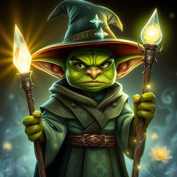 A serious goblin light mage, portraying an aura of wisdom and power
