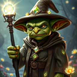 A serious goblin light mage, portraying an aura of wisdom and power