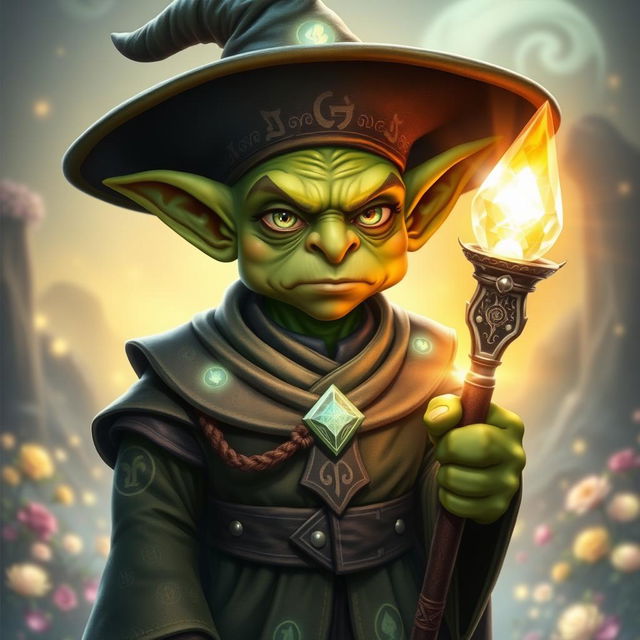 A serious goblin light mage, portraying an aura of wisdom and power