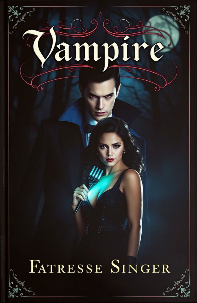 A captivating vampire book cover that features a mysterious vampire lurking in the shadows, dressed in elegant, gothic attire, with pale skin and piercing red eyes