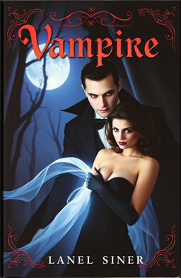A captivating vampire book cover that features a mysterious vampire lurking in the shadows, dressed in elegant, gothic attire, with pale skin and piercing red eyes