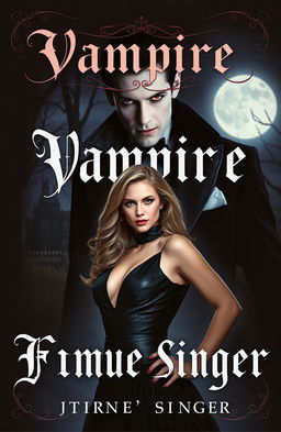 A captivating vampire book cover that features a mysterious vampire lurking in the shadows, dressed in elegant, gothic attire, with pale skin and piercing red eyes