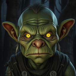 A serious goblin with luminous eyes, reflecting intensity and wisdom