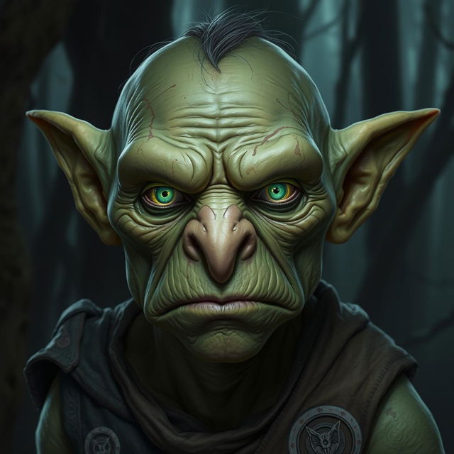 A serious goblin with luminous eyes, reflecting intensity and wisdom