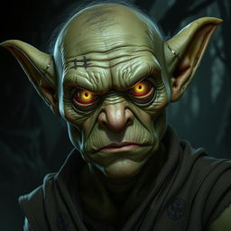 A serious goblin with luminous eyes, reflecting intensity and wisdom