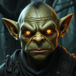A serious goblin with luminous eyes, reflecting intensity and wisdom