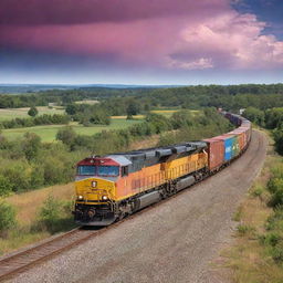 A powerful freight train in full motion, clattering down the tracks under a vibrant sky. Large, imposing wheels carry numerous, multi-colored containers across a beautifully scenic landscape