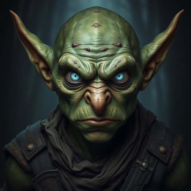 A serious goblin with striking white luminous eyes that convey intensity and depth