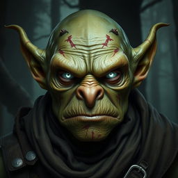 A serious goblin with striking white luminous eyes that convey intensity and depth