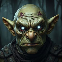 A serious goblin with striking white luminous eyes that convey intensity and depth