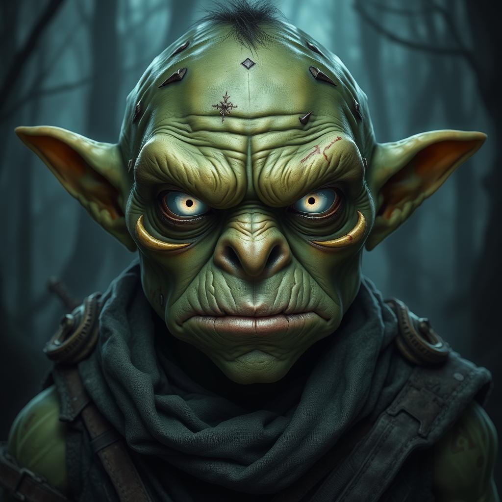 A serious goblin with striking white luminous eyes that convey intensity and depth