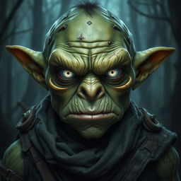 A serious goblin with striking white luminous eyes that convey intensity and depth