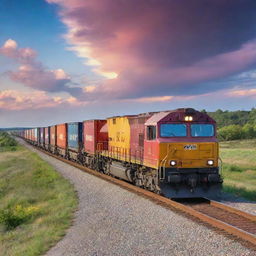 A powerful freight train in full motion, clattering down the tracks under a vibrant sky. Large, imposing wheels carry numerous, multi-colored containers across a beautifully scenic landscape