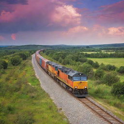 A powerful freight train in full motion, clattering down the tracks under a vibrant sky. Large, imposing wheels carry numerous, multi-colored containers across a beautifully scenic landscape