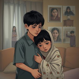 An emotionally charged scene illustrating the life of a 14-year-old boy named Biru, who has a strong bond with his mother