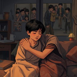 An emotionally charged scene illustrating the life of a 14-year-old boy named Biru, who has a strong bond with his mother