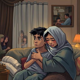 An emotionally charged scene illustrating the life of a 14-year-old boy named Biru, who has a strong bond with his mother