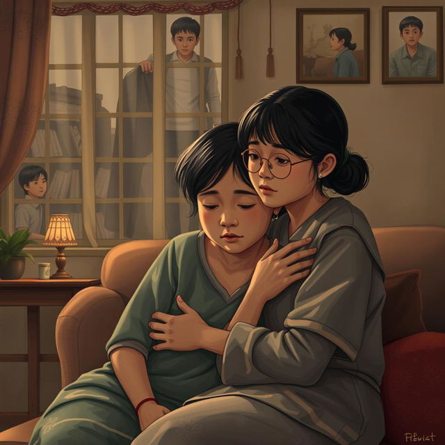 An emotionally charged scene illustrating the life of a 14-year-old boy named Biru, who has a strong bond with his mother