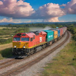 A powerful freight train in full motion, clattering down the tracks under a vibrant sky. Large, imposing wheels carry numerous, multi-colored containers across a beautifully scenic landscape