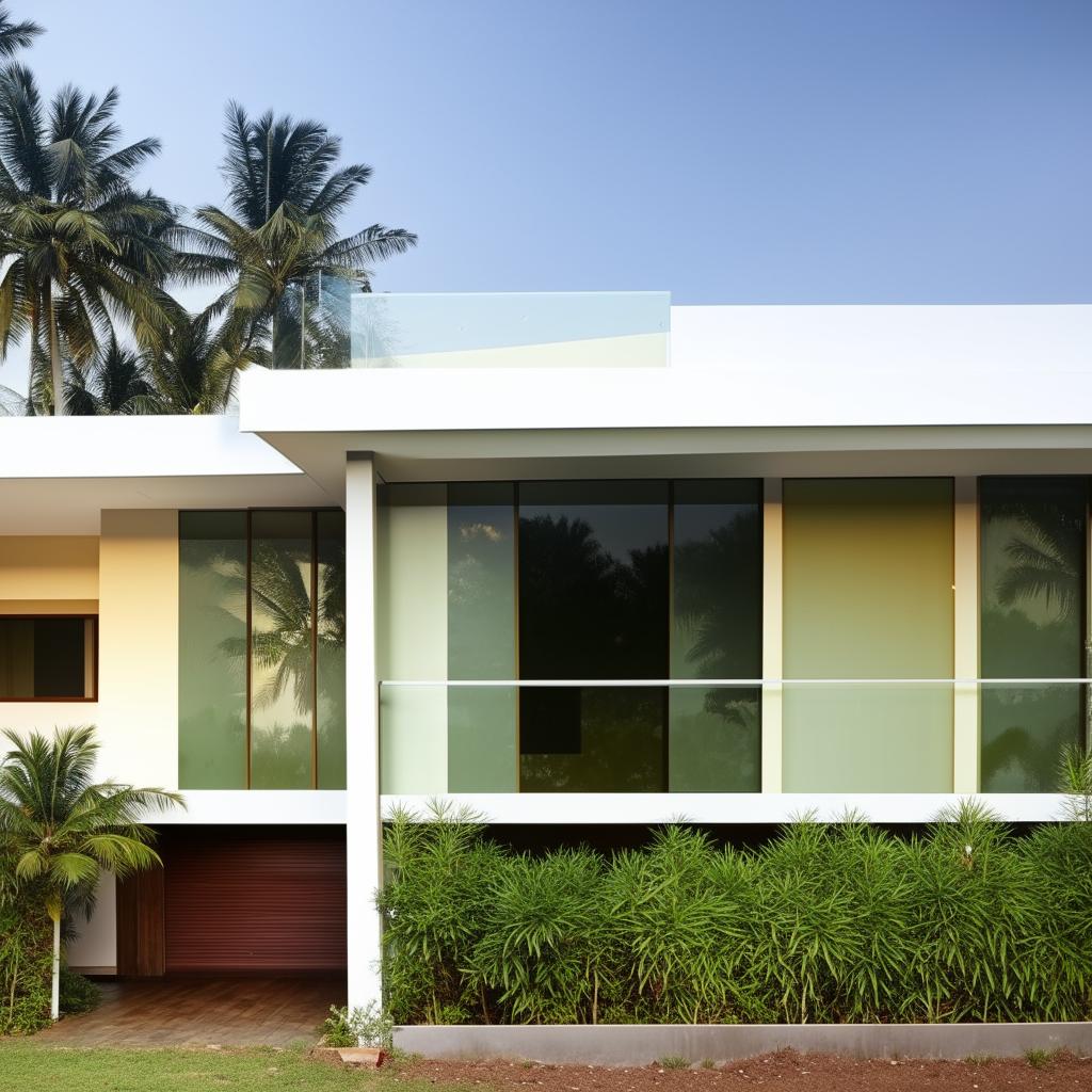 A minimalist double-storey Kerala style home with toughened glass windows and a private balcony