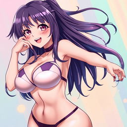 A stunning anime-style character with exaggerated features, including very large breasts, dressed in revealing lingerie that highlights her curves, with a playful and flirtatious expression